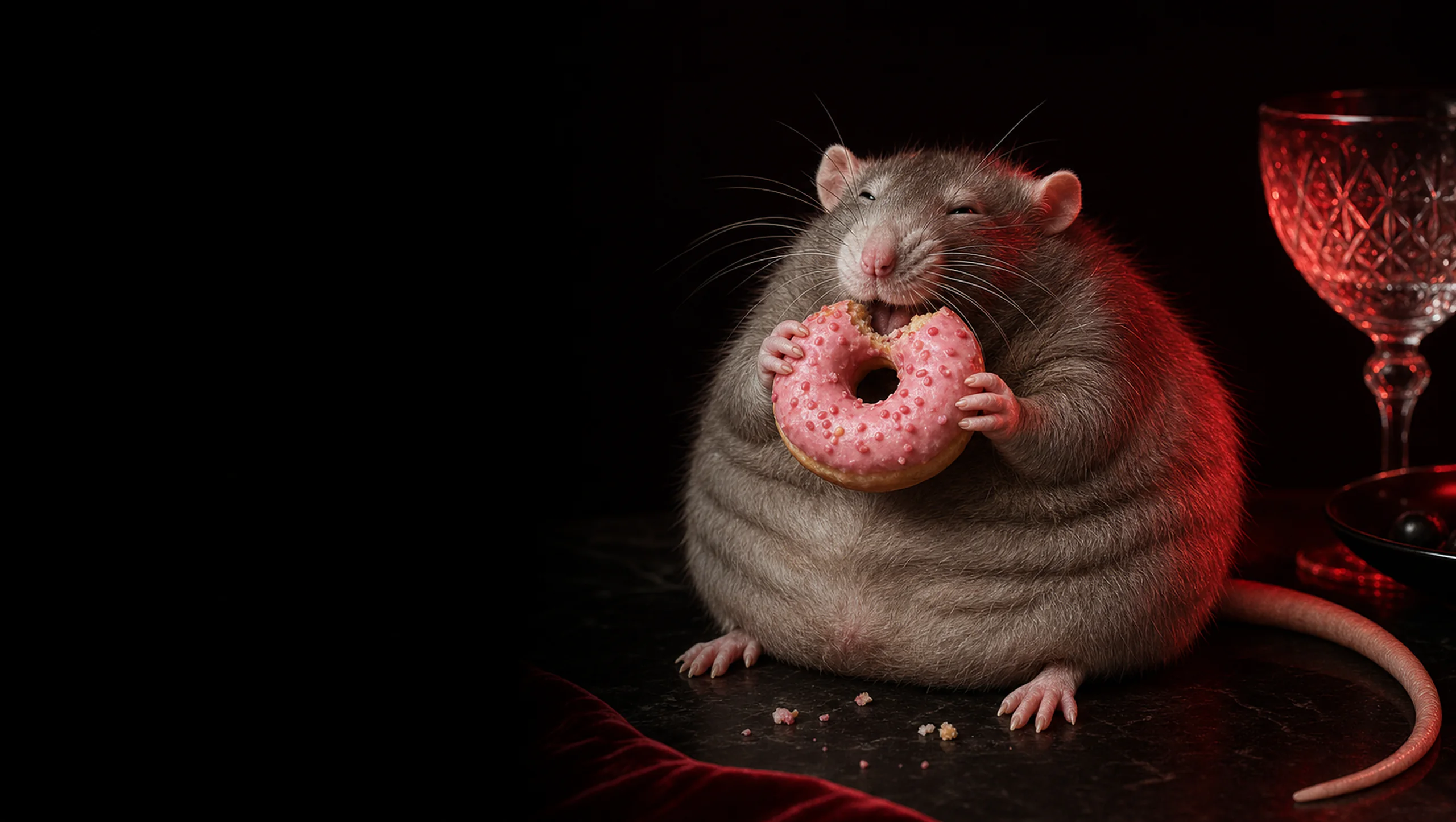 A grand rat holding a pink doughnut at a dark formal table.