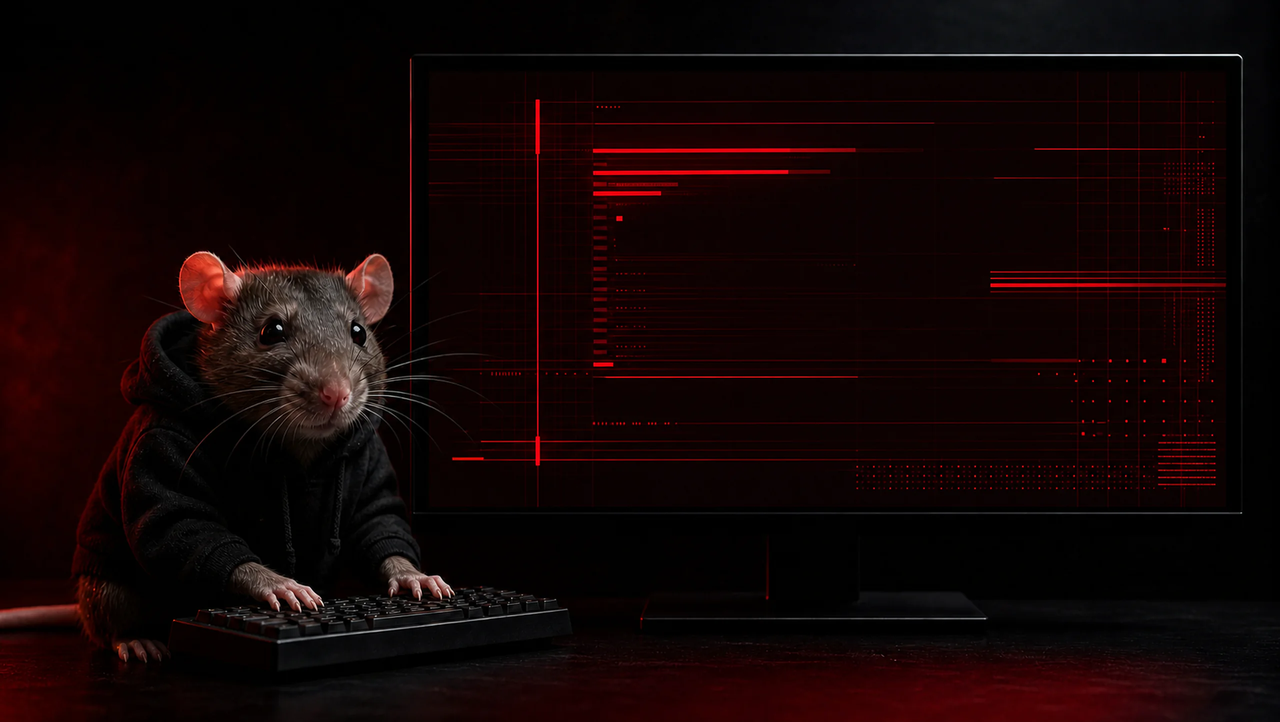 A hooded rat at a keyboard beside an ominous red computer monitor.