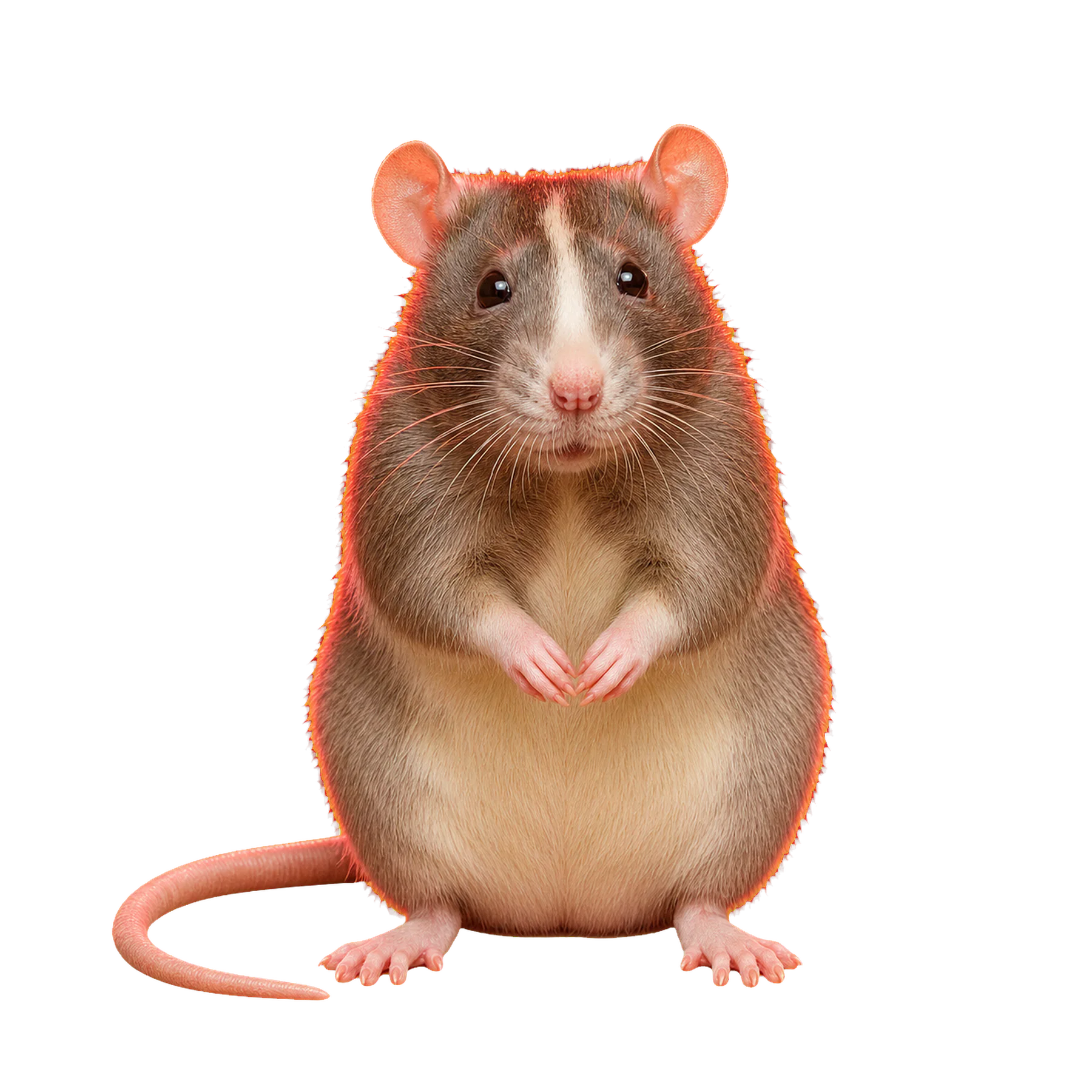 An exceptionally serious rat emerging under a crimson rim light.